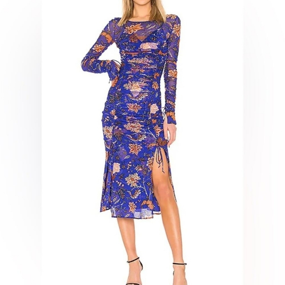 DIANE VON FURSTENBERG  Corrine ruched floral-print stretch-mesh midi dress Sz 8